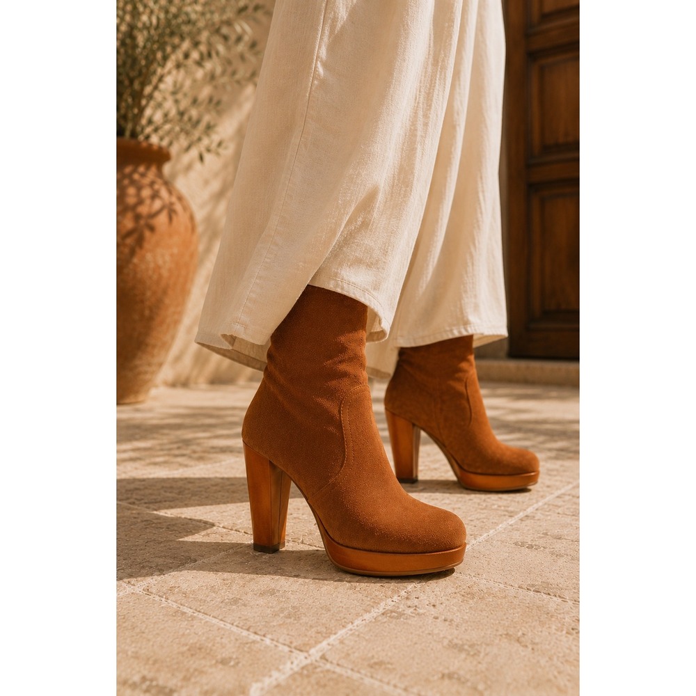 Sundance Italy Cognac Suede Leather Wrapped Heel Platform‎ Ankle Boots 39 8.5-9